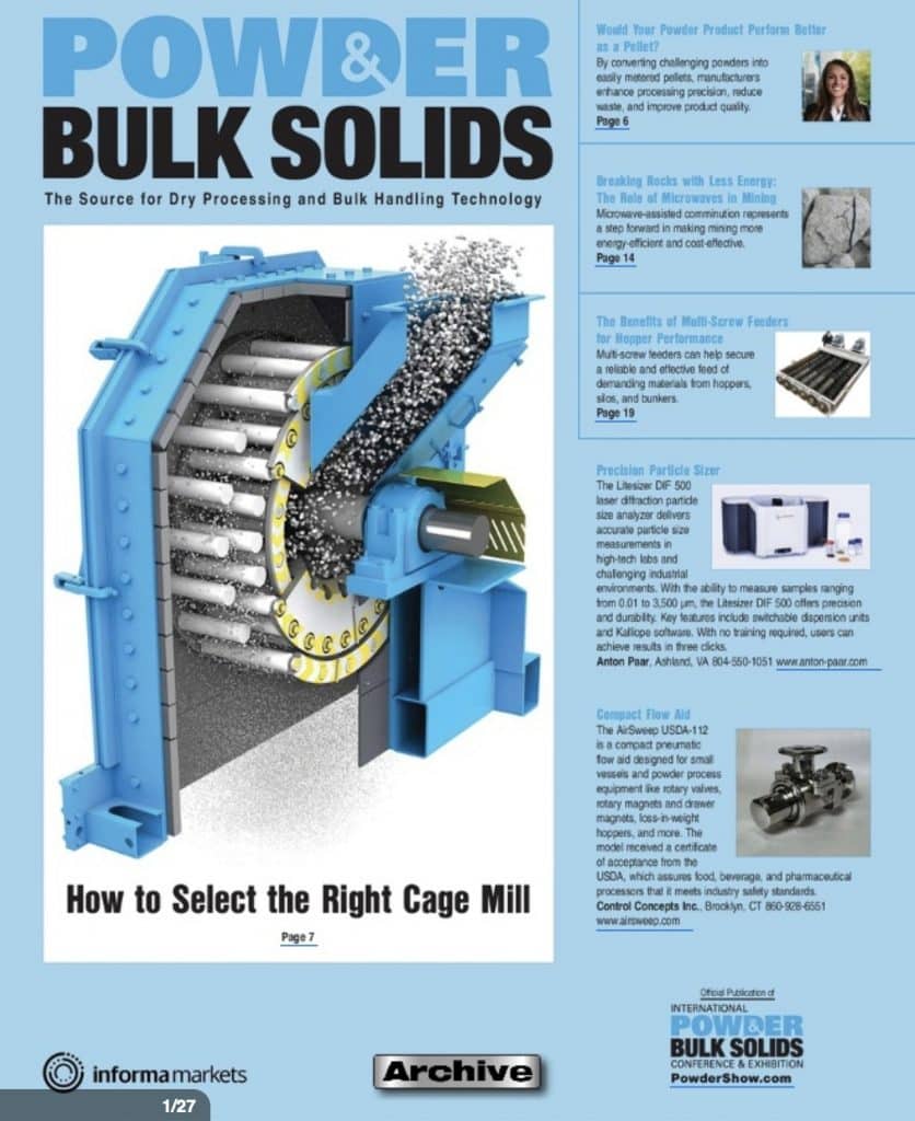 Powder Bulk Solids Magazine 2025 features the AirSweep USDA 112 on its cover